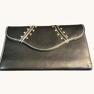 Black Faux Leather Clutch Wallet Studded Embellishment Snap Closure